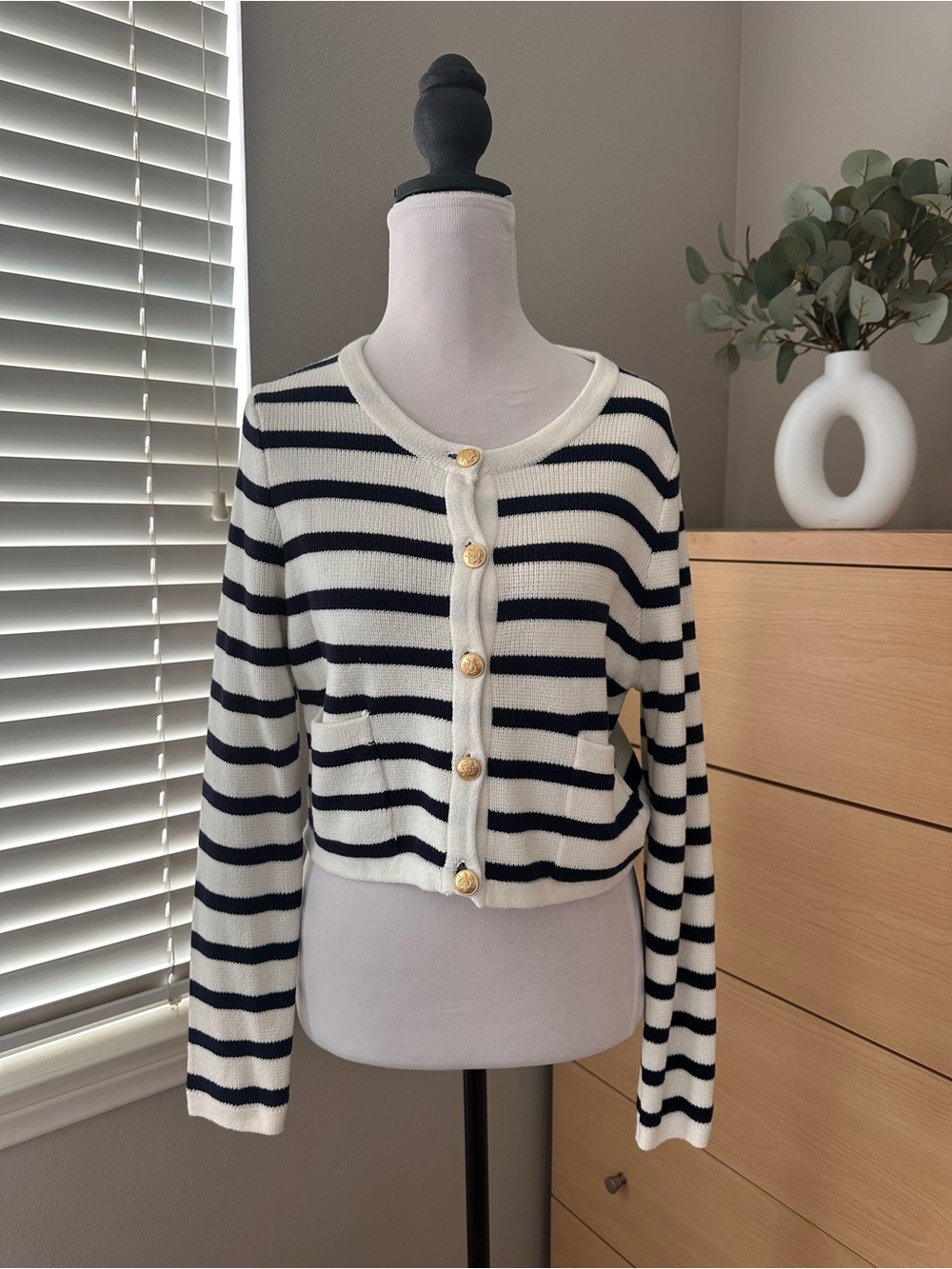 Jessica Simpson White and Navy Striped Button-Front Cardigan